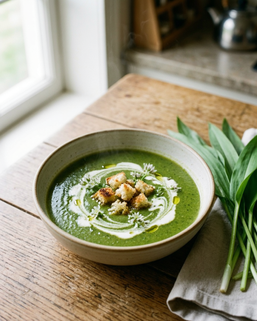 Cremige Bärlauchsuppe in einer Schale, eines von vielen leckeren Bärlauch Rezepten für den Frühling.