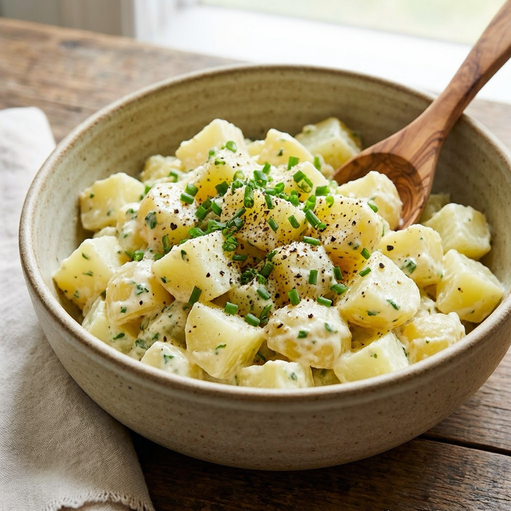 Schwäbischer Kartoffelsalat ohne Mayo in einer Schüssel, perfekt zum Grillen