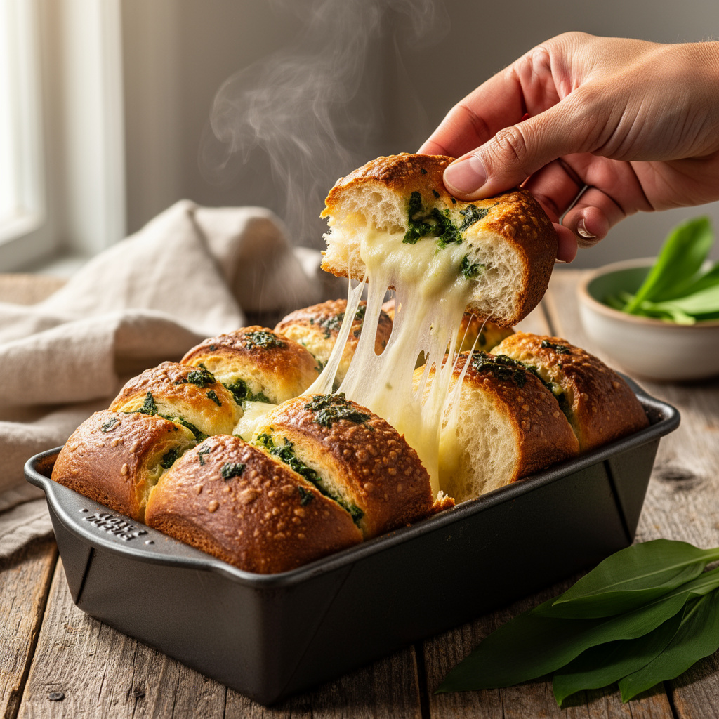 Frisch gebackenes Bärlauch-Zupfbrot in einer Kastenform, bei dem eine Hand gerade ein buttriges, käsiges Stück herauszieht."