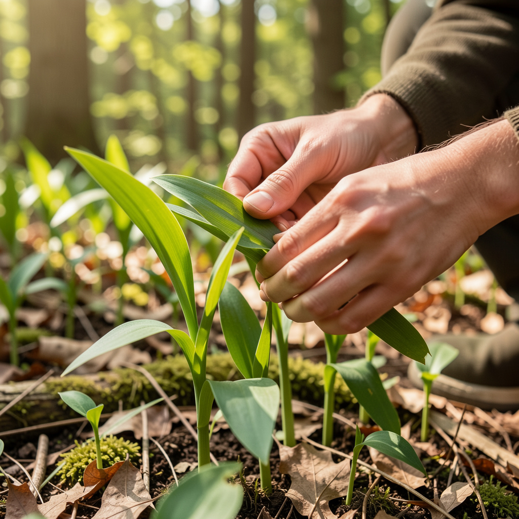 Eine Person beim Bärlauch sammeln im Wald, wobei auf die richtigen Erkennungsmerkmale geachtet wird.