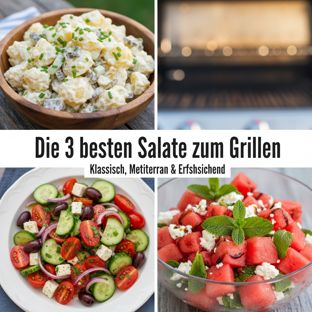 Pinterest Pin mit 3 Rezepten für Salate zum Grillen