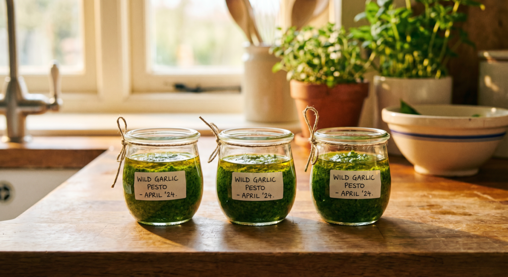 Selbstgemachtes Bärlauch Pesto in Schraubgläsern mit schützender Olivenölschicht zur langen Aufbewahrung im Kühlschrank.