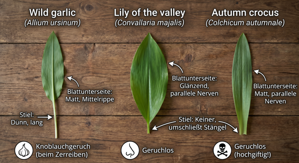 Infografik zur sicheren Bestimmung von Bärlauch: Vergleich der Blätter von Bärlauch (essbar), Maiglöckchen (giftig) und Herbstzeitlose (sehr giftig) mit Hinweisen auf die Unterschiede bei Stiel und Blatt."