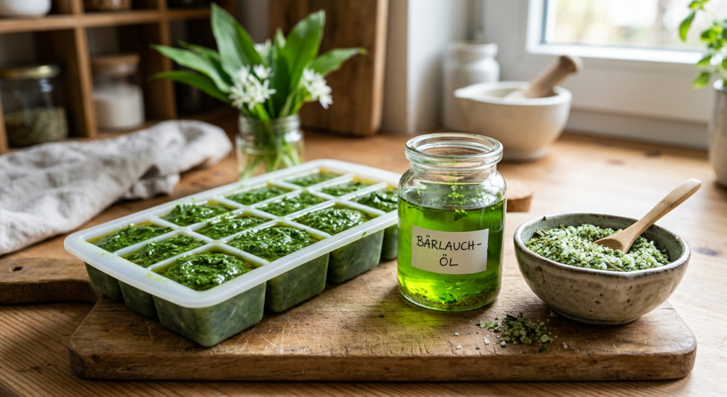 "Drei Methoden, um Bärlauch haltbar zu machen: Gehackter Bärlauch in einer Eiswürfelform zum Einfrieren, selbstgemachtes Bärlauchöl in einem Glas und aromatisches Bärlauchsalz in einer Schale."
