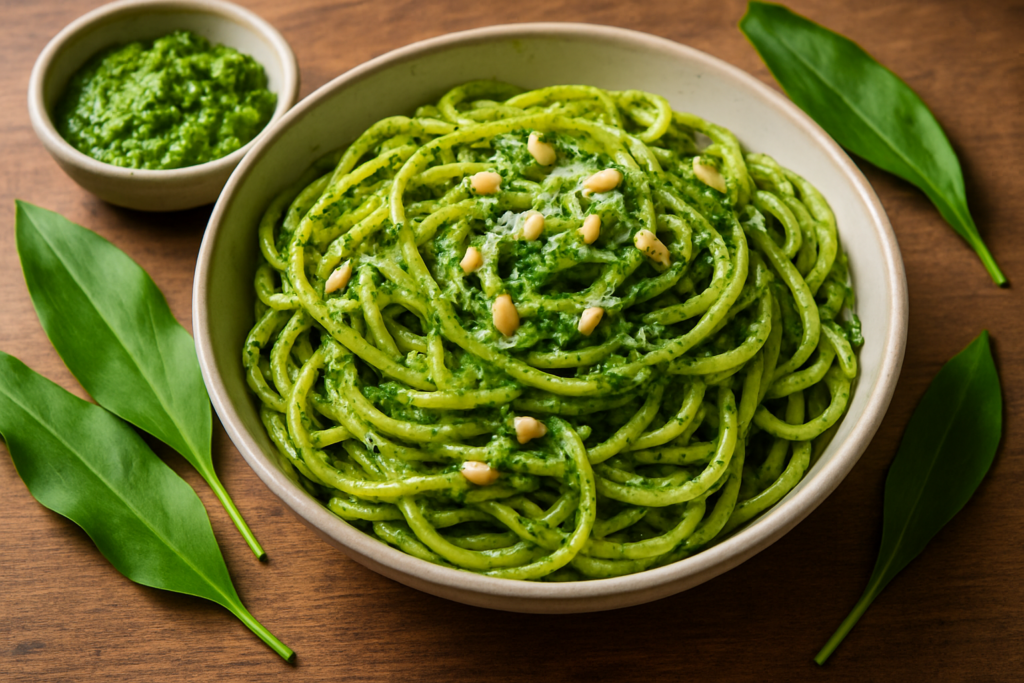  Pasta mit Bärlauchpesto, Parmesan und gerösteten Nüssen