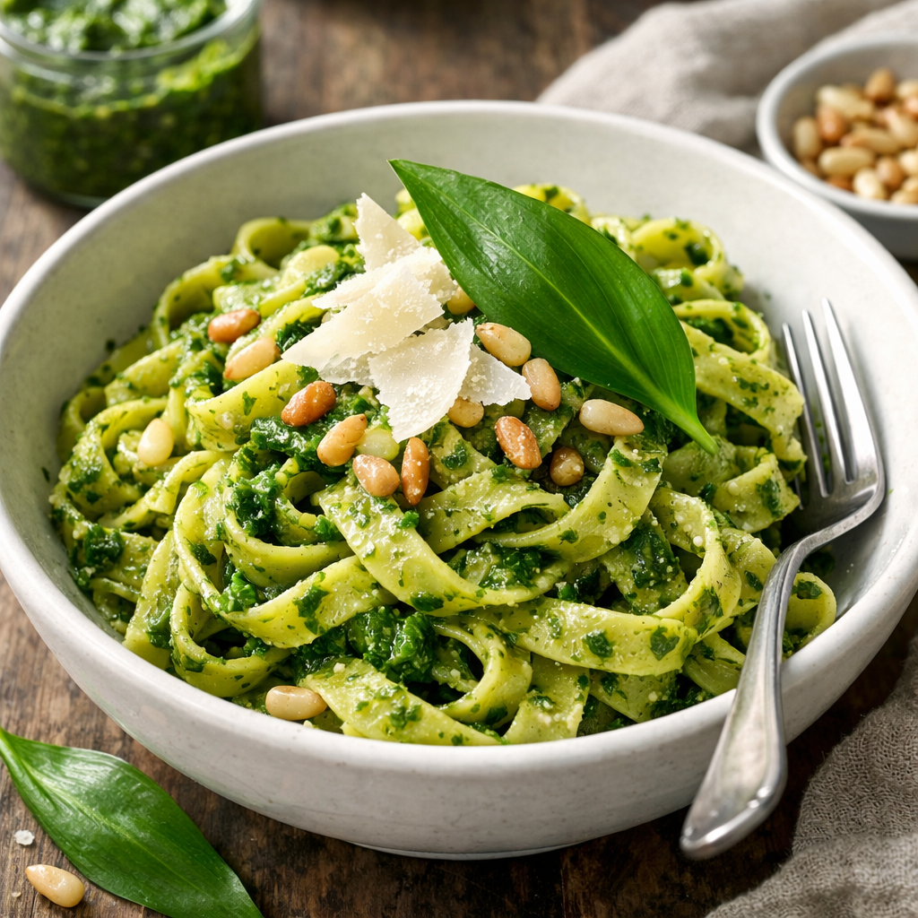 Tagliatelle mit frischem Bärlauch Pesto, garniert mit gerösteten Pinienkernen und Parmesan auf weißem Teller.