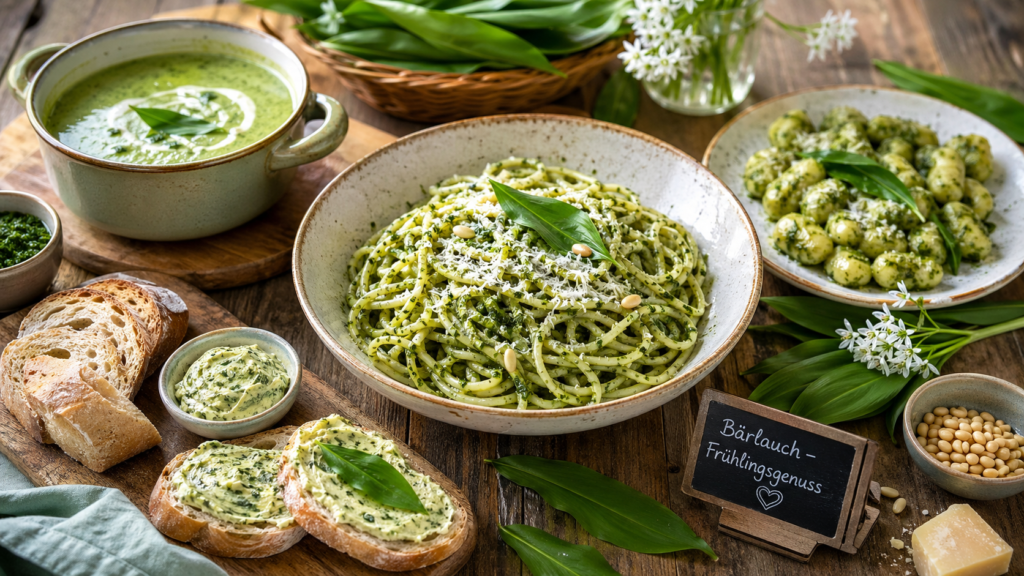 Eine Auswahl verschiedener Bärlauch Rezepte, die die Vielfalt des Frühlingskrauts zeigen.
