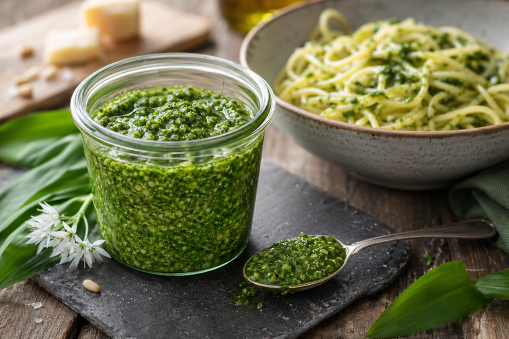 "Ein offenes Glas mit frisch zubereitetem, leuchtend grünen Bärlauchpesto. Ein Löffel daneben zeigt die cremige Konsistenz."