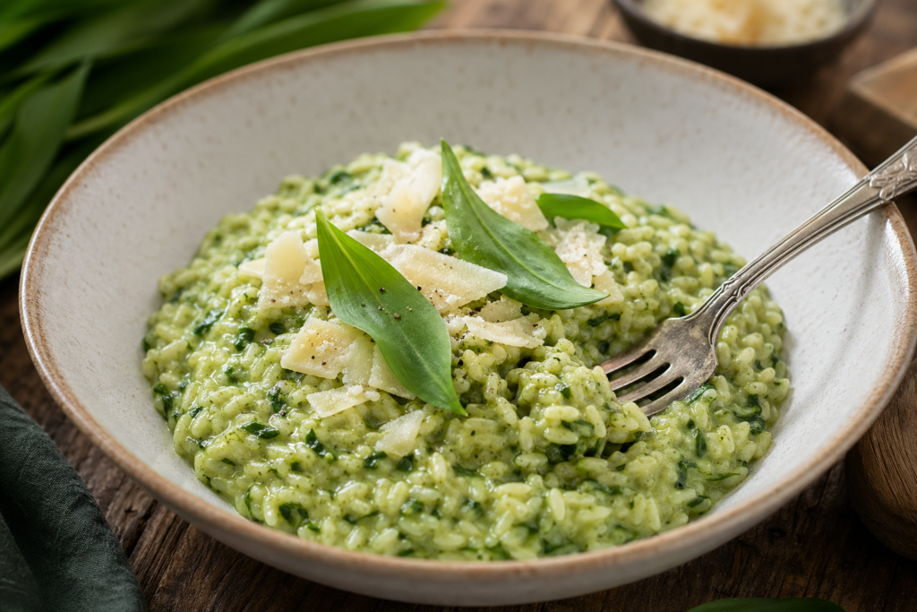 "Ein Teller mit cremigem Bärlauch-Risotto, angerichtet mit frischen Parmesanspänen und einem Bärlauchblatt als Dekoration."