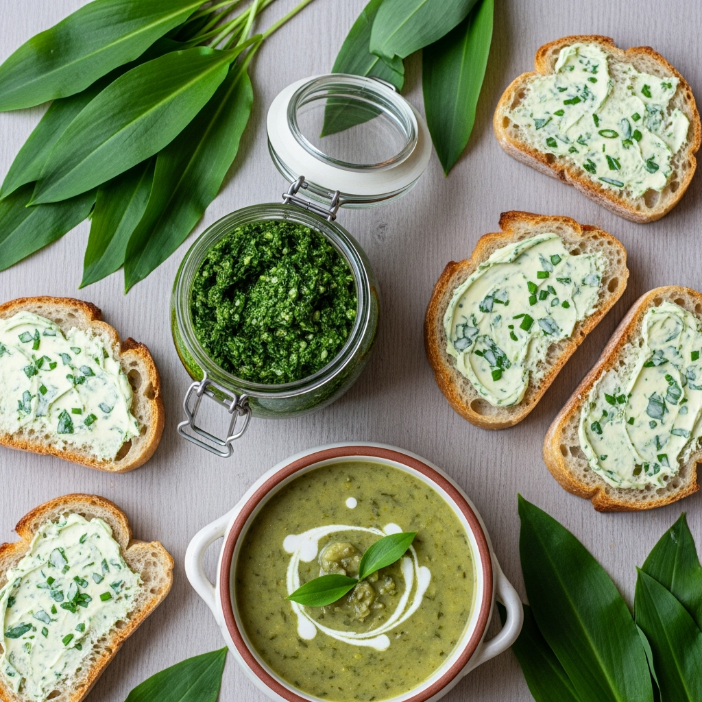 "Verschiedene Bärlauch Rezepte als Flatlay angerichtet: Ein Glas Bärlauchpesto, eine Schüssel Bärlauchsuppe und Bärlauchbutter auf Brot, umgeben von frischen Bärlauchblättern."
