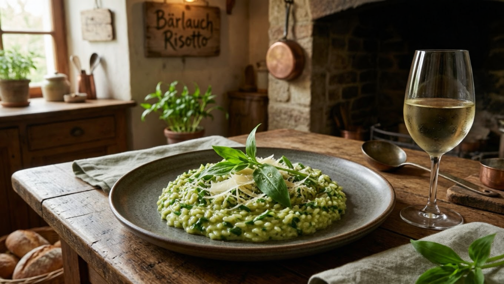 Ein Teller mit cremigem Bärlauchrisotto, ein Highlight unter den Bärlauch Rezepten.