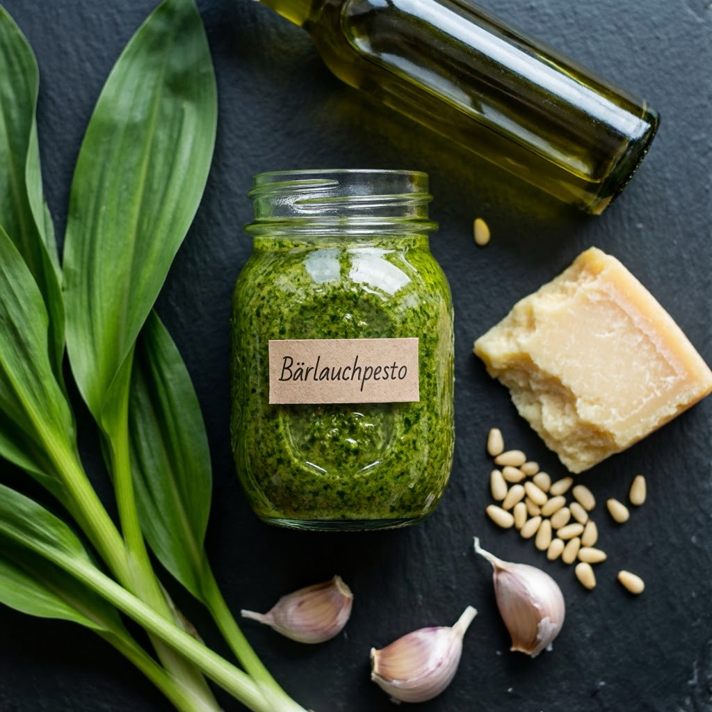 Zutaten für ein klassisches Bärlauchpesto, ein vielseitiges Bärlauch Rezept.
l