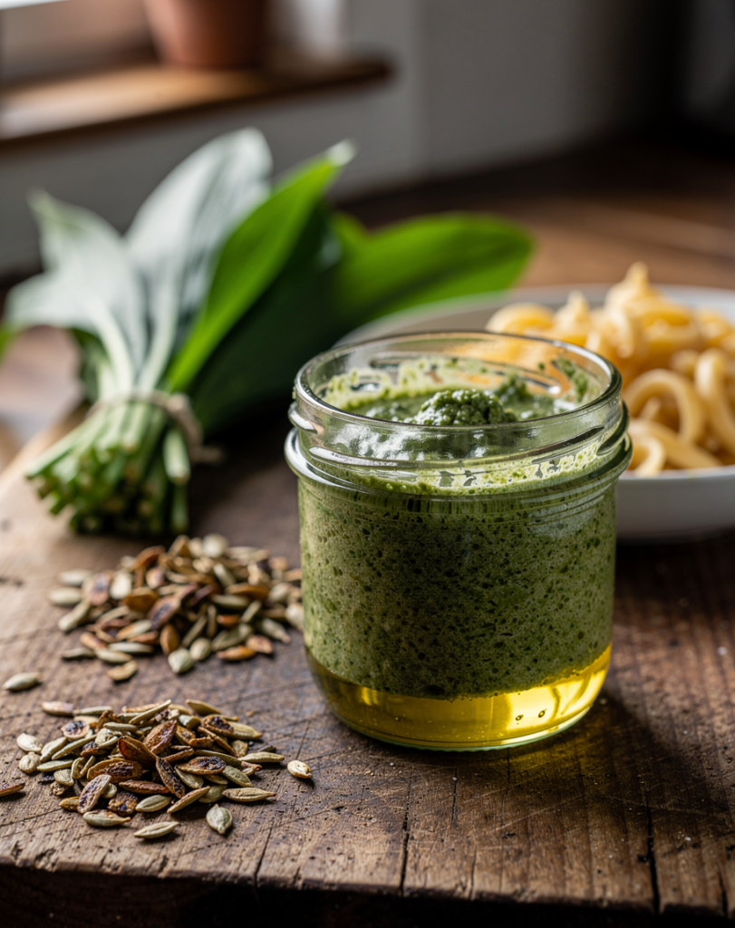  Bärlauch Rezepte: Frisches Bärlauchpesto im Glas mit Olivenöl-Schich