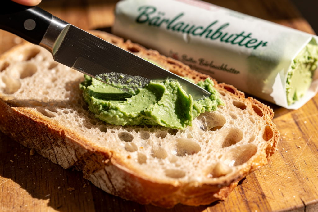Frisches Brot bestrichen mit würziger Bärlauchbutter, eine einfache Methode um Bärlauch haltbar machen zu können.