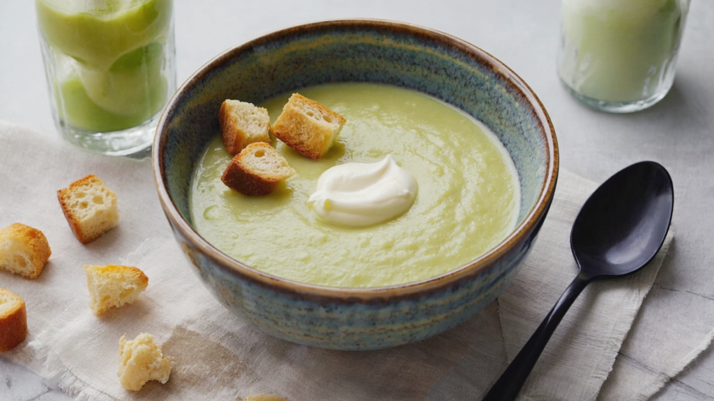 "Eine Schüssel mit cremiger, hellgrüner Bärlauchsuppe, garniert mit knusprigen Croutons und einem Klecks Crème fraîche.