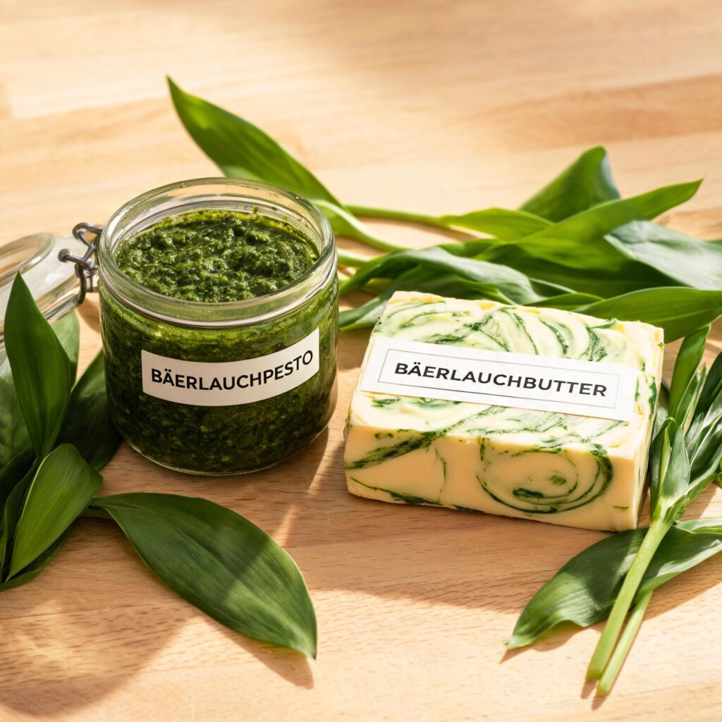 Bärlauchpesto und Bärlauchbutter auf Holzbrett – frisches Frühlingsrezept