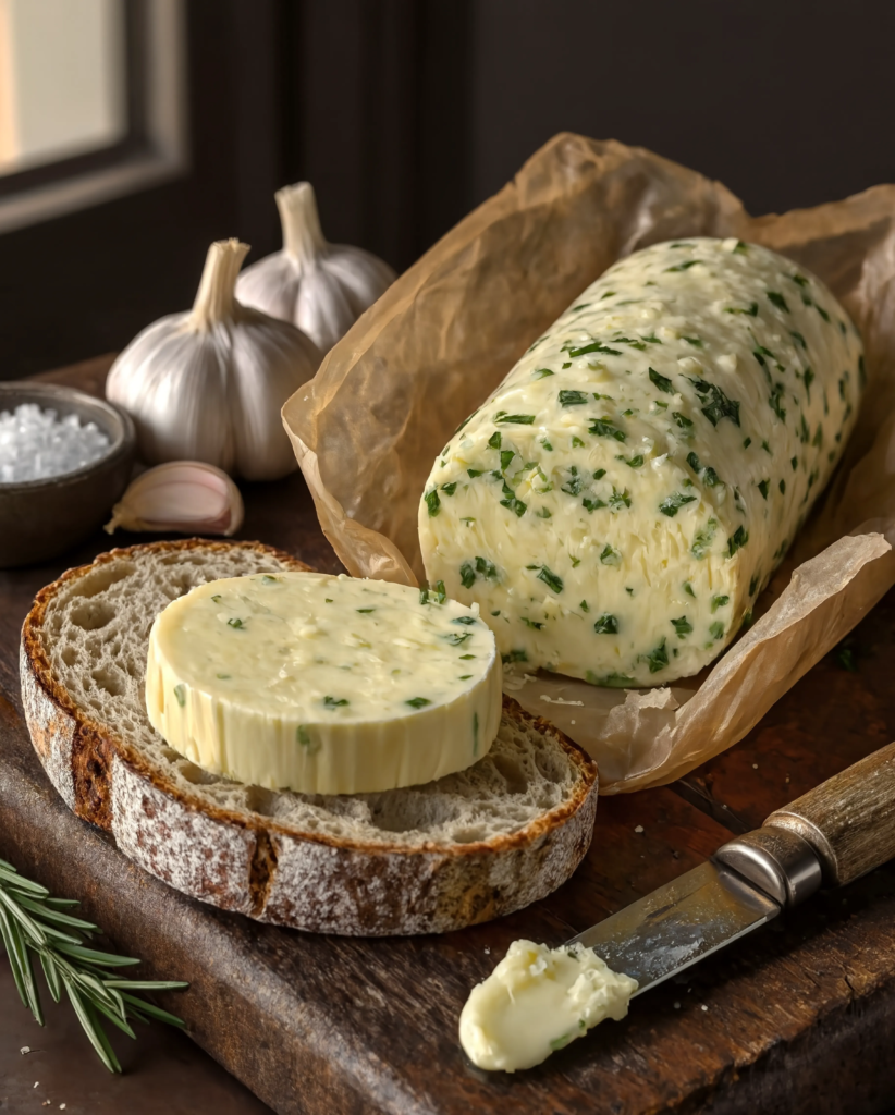 Eine Rolle selbstgemachter Bärlauchbutter in Backpapier, von der eine Scheibe abgeschnitten ist und auf einem rustikalen Stück Brot schmilzt."