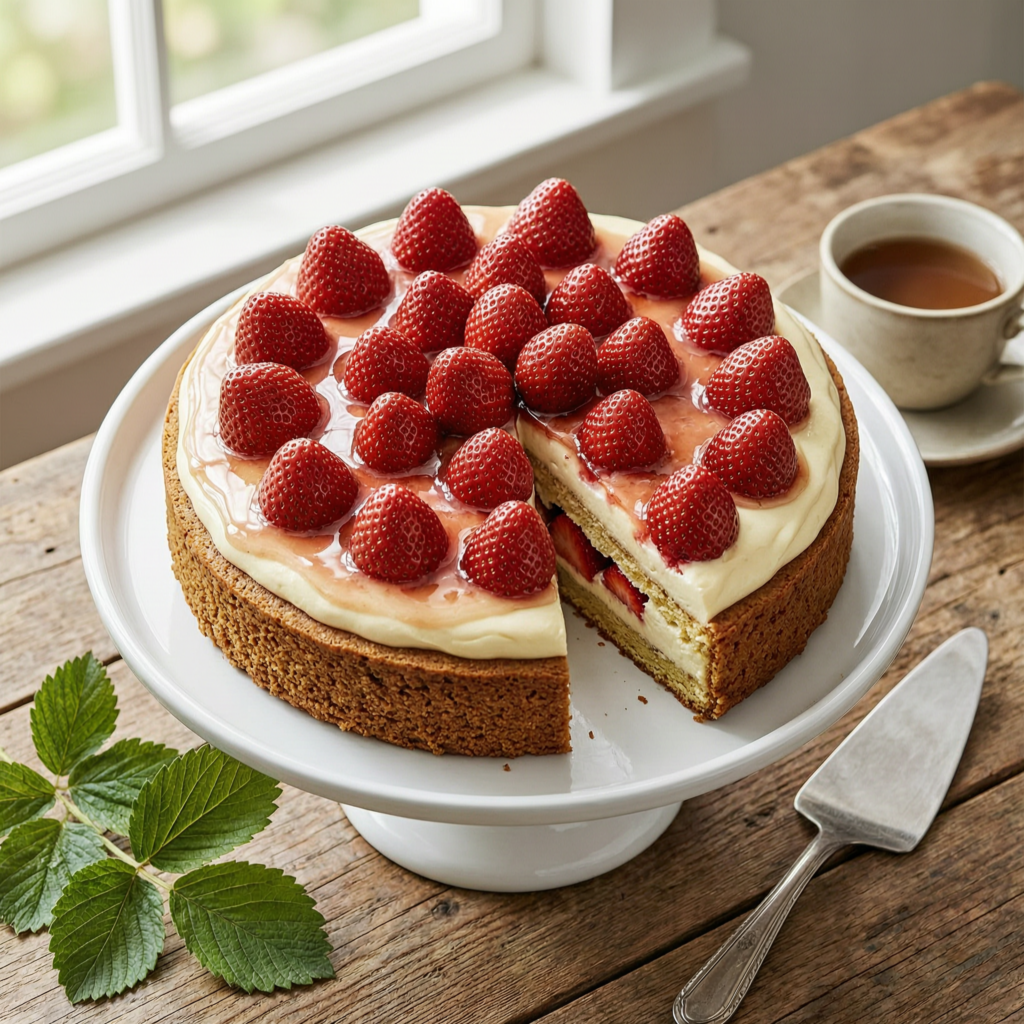rdbeerkuchen Rezept - klassischer deutscher Erdbeerkuchen mit frischen Erdbeeren und Pudding auf Tortenplatte