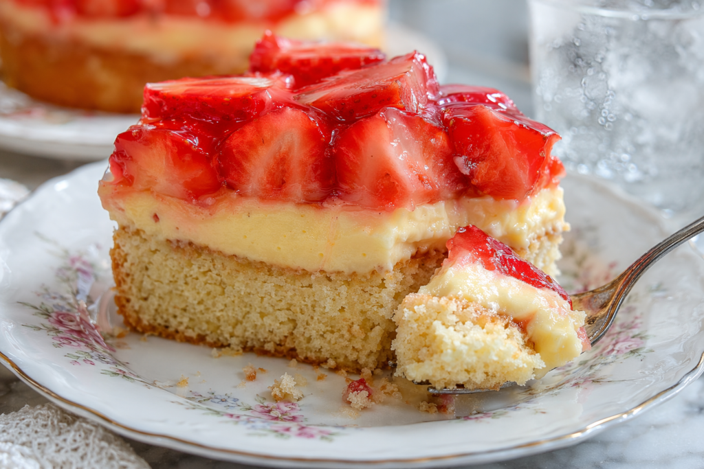 Klassischer Erdbeerkuchen Rezept - Nahaufnahme einer Kuchenscheibe mit allen Schichten