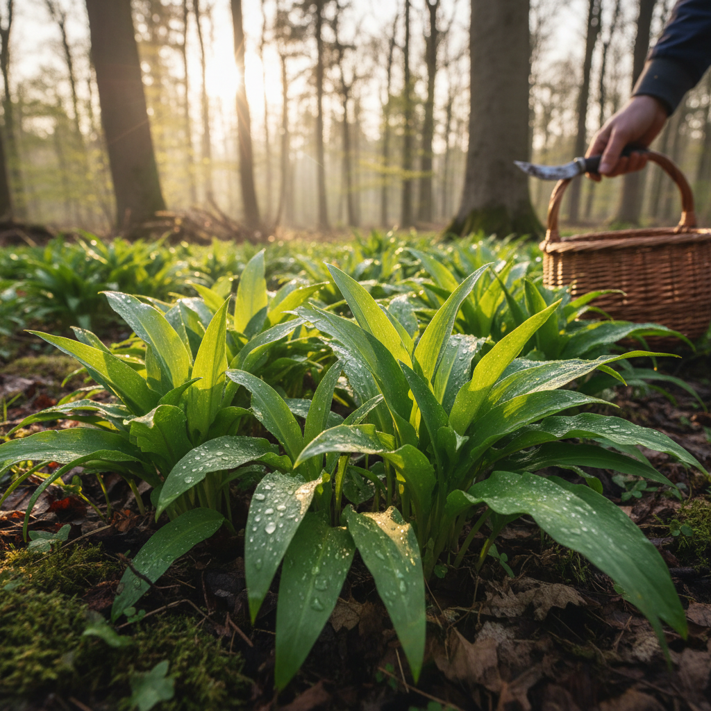  Frischer Bärlauch wächst im Wald während der Bärlauch Saison im Frühling