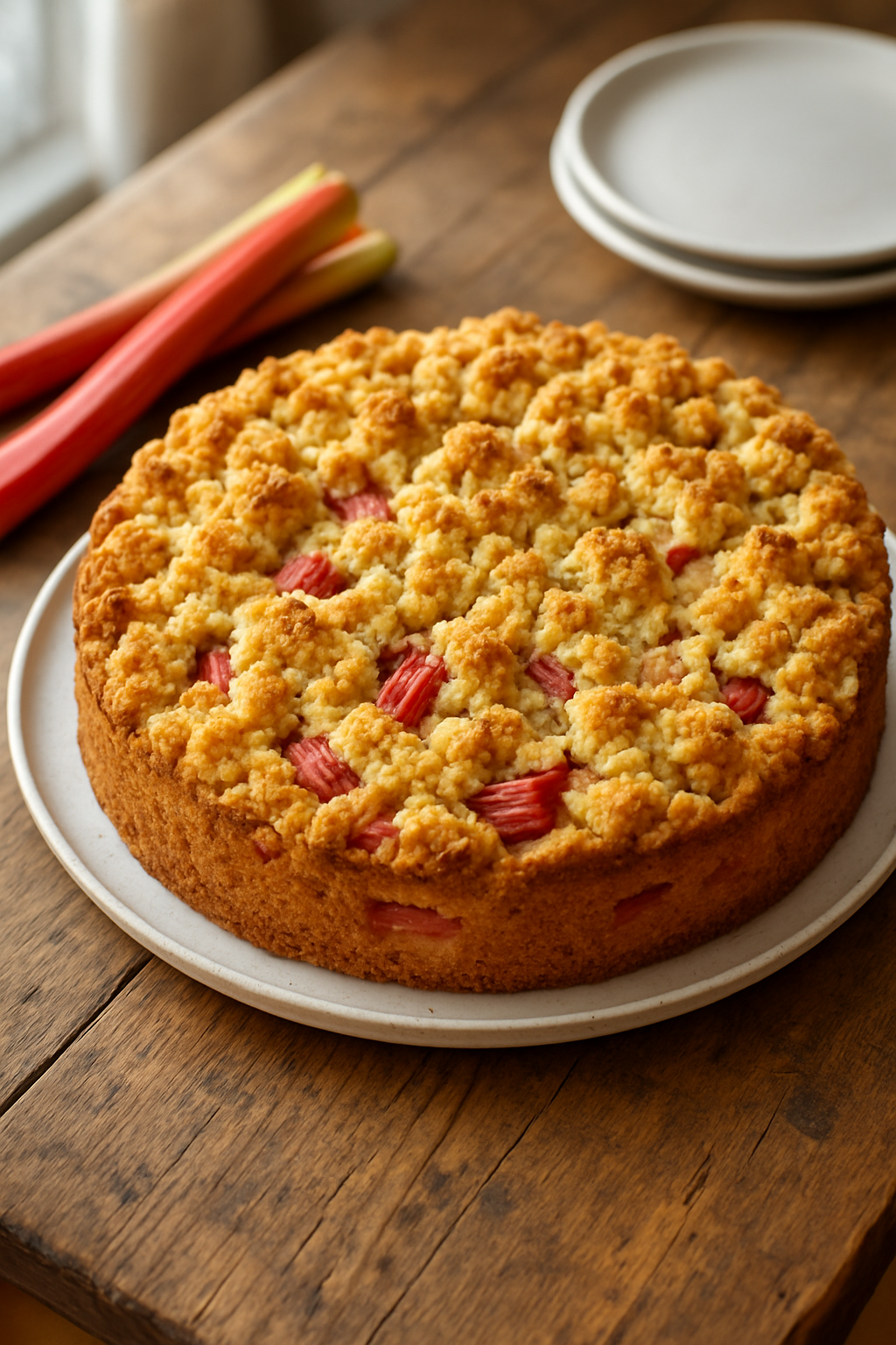 Rhabarber Rezepte - Klassischer Rhabarber Streuselkuchen auf Holztisch mit frischen Rhabarberstangen