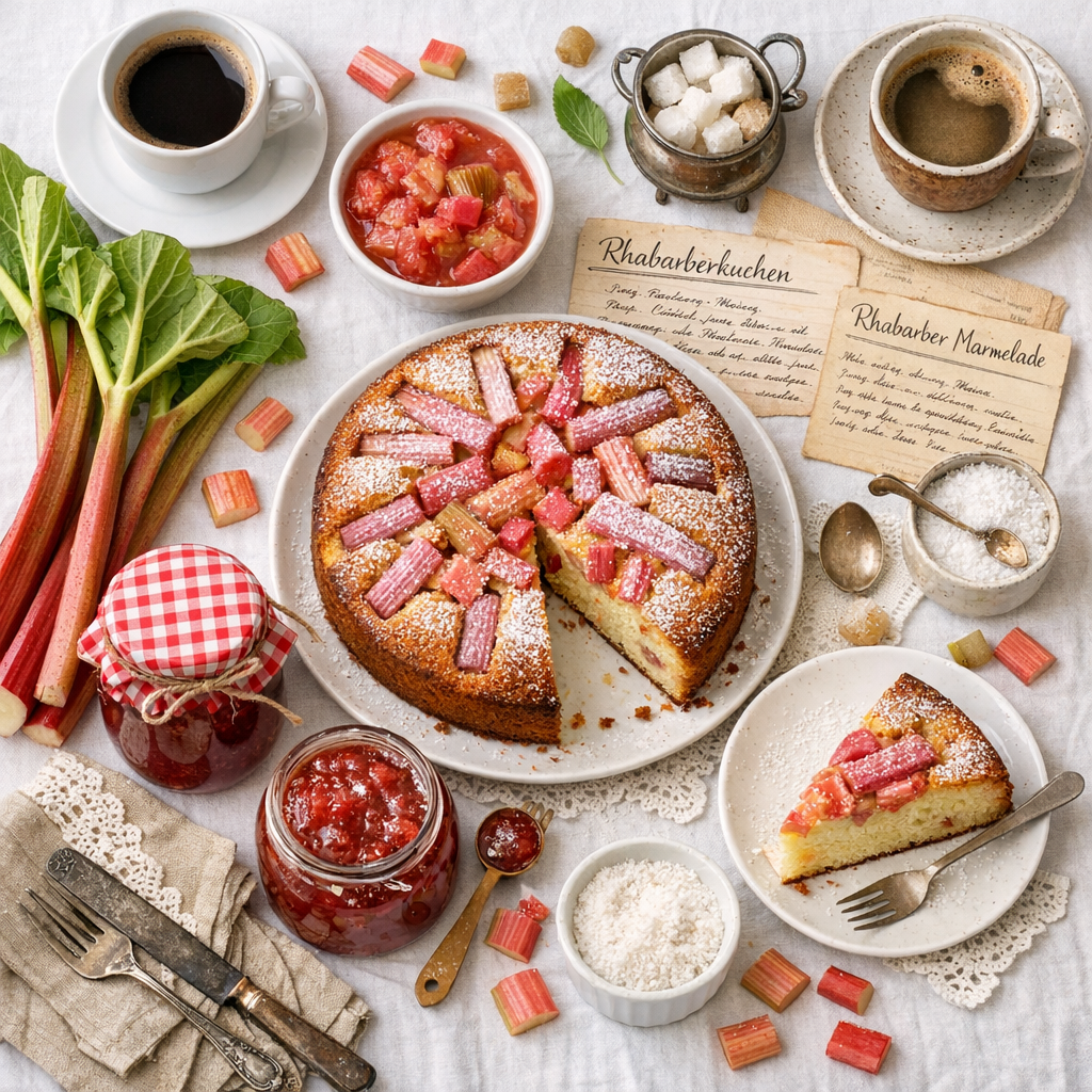 Rhabarber Rezepte Übersicht - Kuchen, Marmelade und Kompott selbstgemacht auf gedecktem Tisch