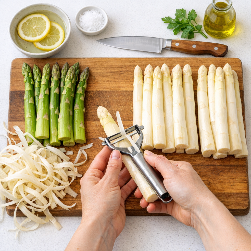 Frische Zutaten für Spargel Rezepte - weißer Spargel und Beilagen