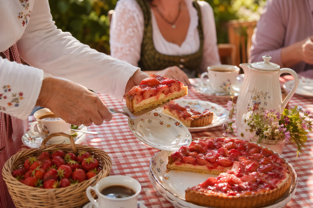 Erdbeerkuchen selber machen - deutscher Klassiker serviert bei Kaffee und Kuchen Tradition