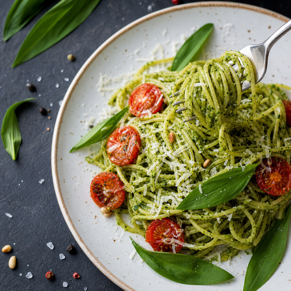 Pasta mit Bärlauch Pesto und Kirschtomaten als schnelles Bärlauch Rezept