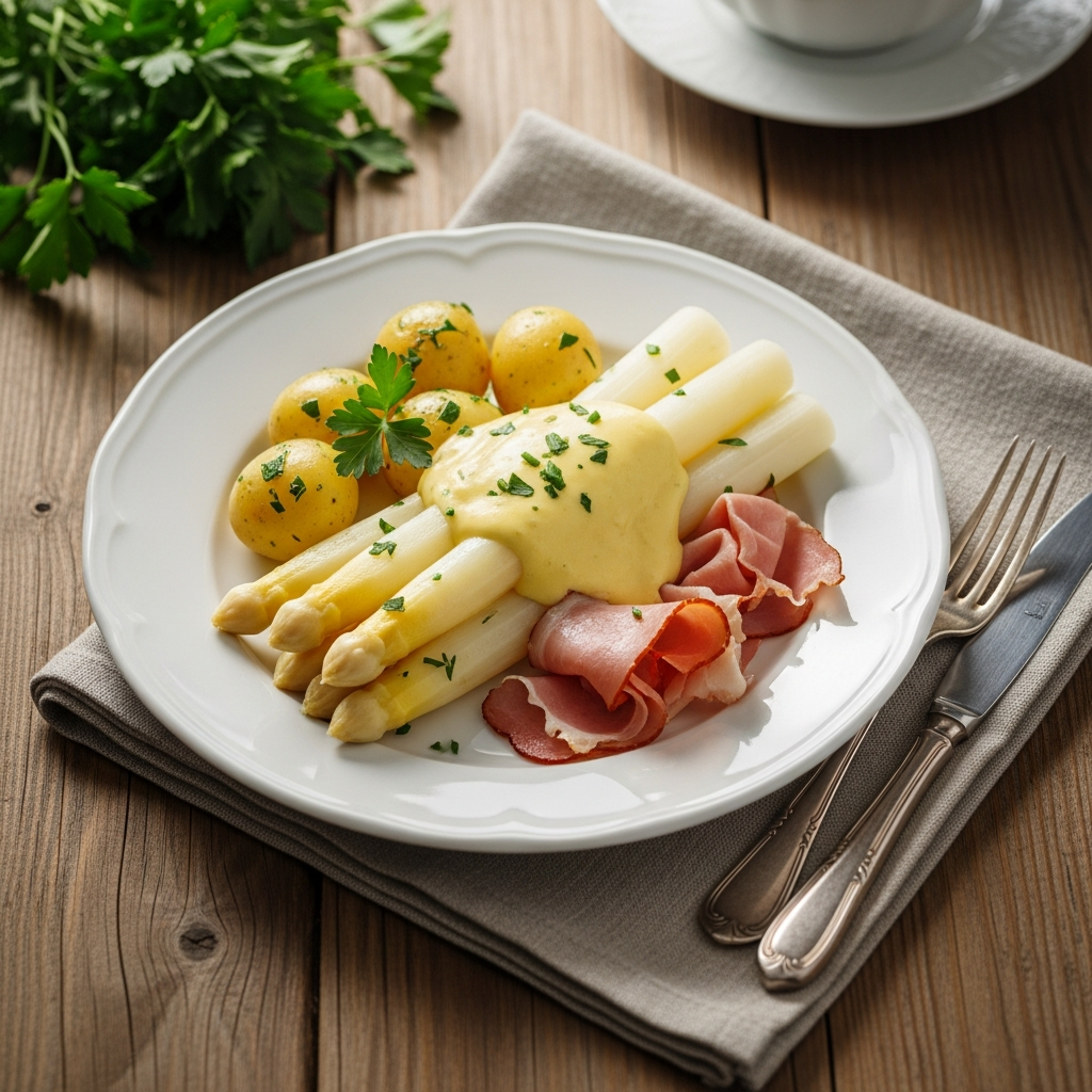 Klassisches Spargel Rezept mit Sauce Hollandaise und Schinken auf weißem Teller