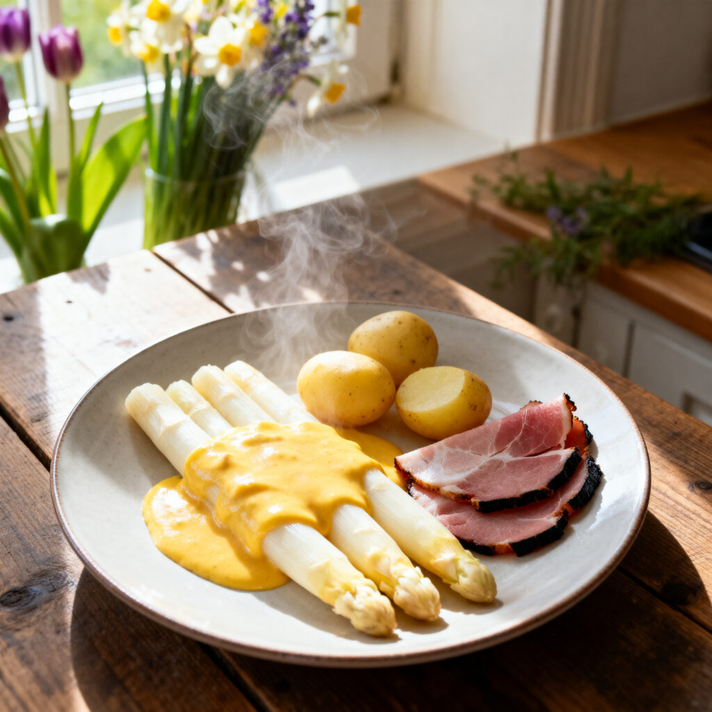 Klassischer deutscher Spargel mit Sauce Hollandaise und Schinken auf rustikalem Holztisch