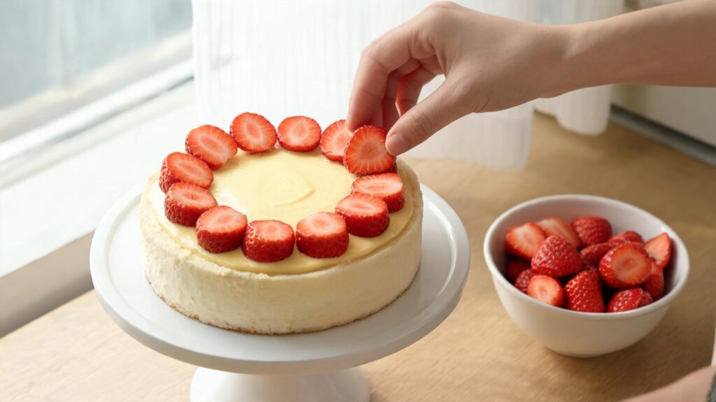 Erdbeerkuchen mit Pudding belegen - Erdbeeren kreisförmig auf Puddingcreme anordnen