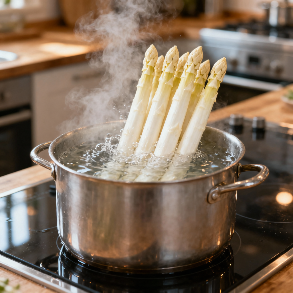 Spargel kochen im traditionellen Spargeltopf - deutsche Kochmethode
