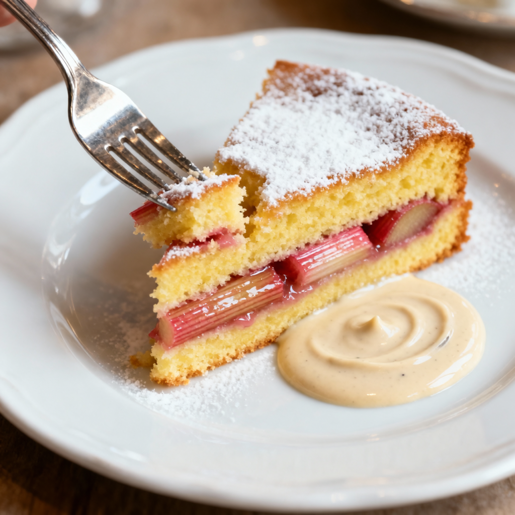 Rhabarber Kuchen Stück auf Teller - saftiges Rhabarber Rezept mit Streuseln