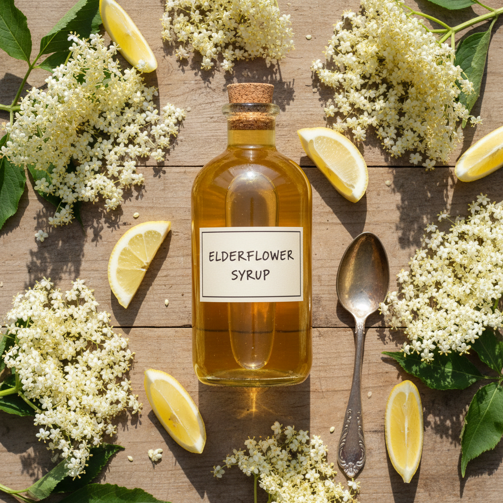Holundersirup Rezept – Goldgelber selbstgemachter Sirup in Glasflasche mit frischen Holunderblüten