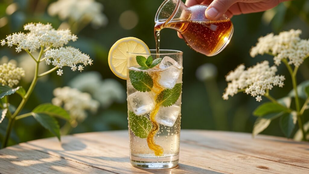 Erfrischendes Sommergetränk mit Holunderblütensirup, Sprudelwasser und Zitrone