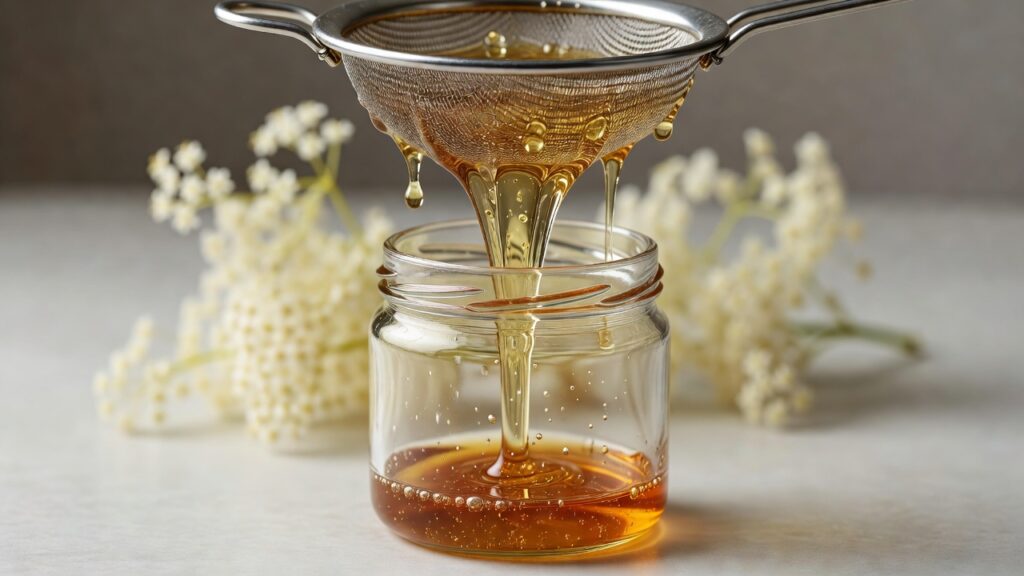 Selbstgemachten Holundersirup durch Sieb filtern – goldgelbe Farbe