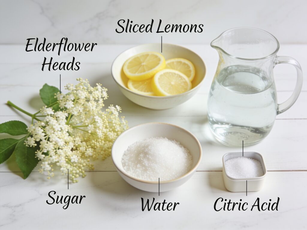 Alle Zutaten für einfaches Holundersirup Rezept – Blüten, Zitronen, Zucker und Wasser