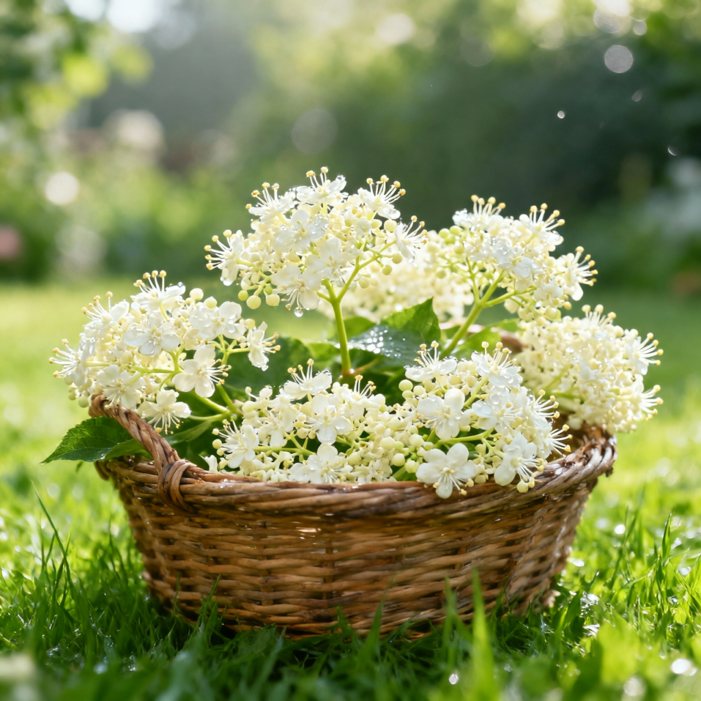 Frisch geerntete Holunderblüten im Korb – perfekt für Holunderblütensirup selber machen